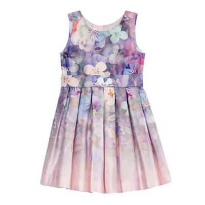 Girls' pink graduated floral print pleated dress